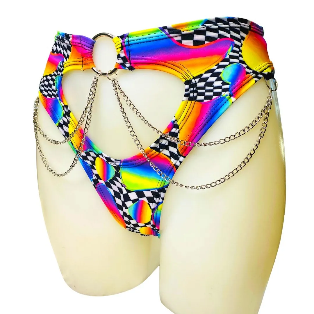 RETRO RAVE | High Waisted High Cut Chain Bottoms wit cut out, Festival Bottoms, Rave Bottoms, Black Rave Outfit