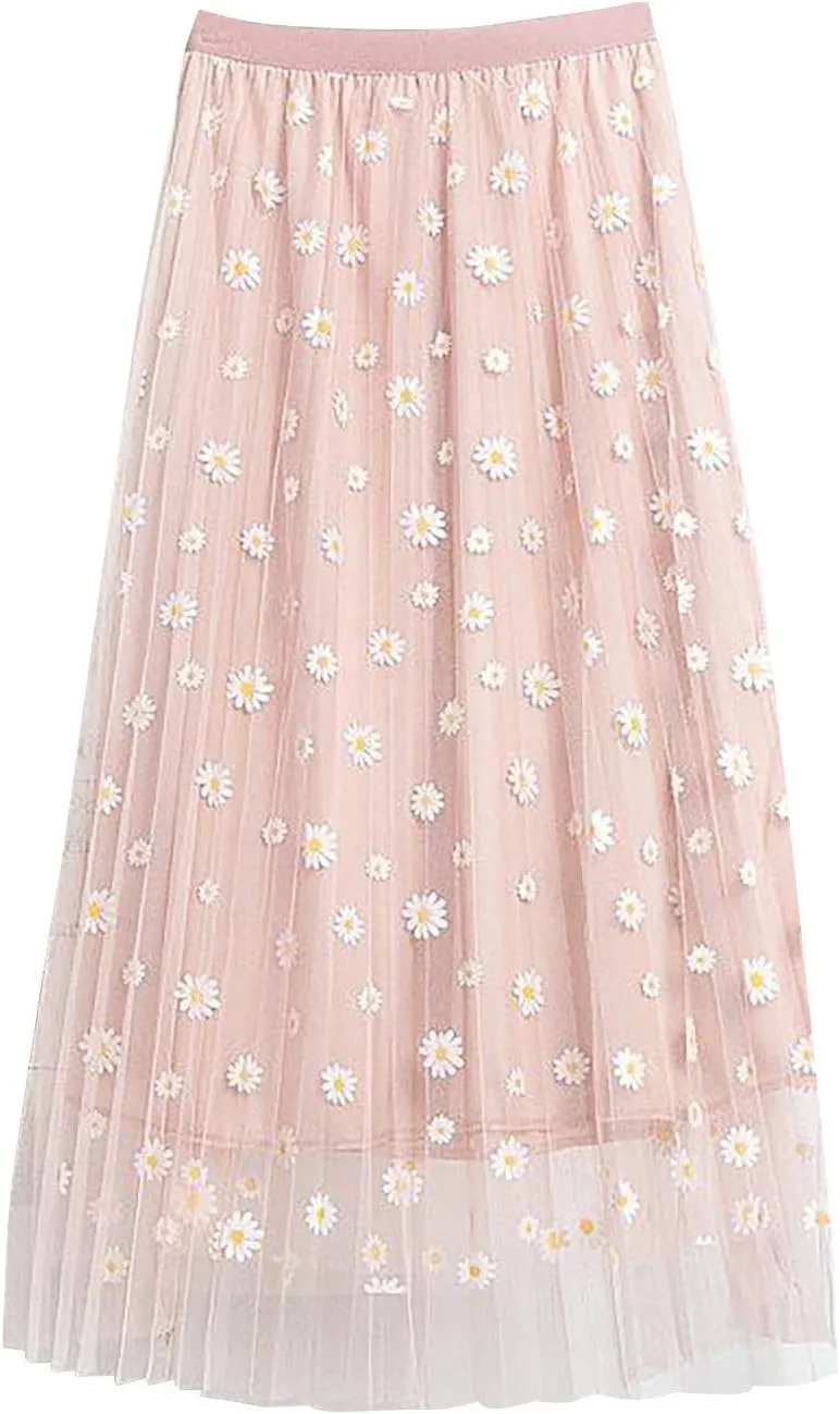 skirts for women trendy Floral Pleated Mesh Overlay Elastic Waist skirts for women midi length Big Swing A-LineTulle Skirt Pink