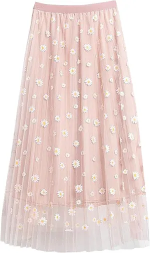 skirts for women trendy Floral Pleated Mesh Overlay Elastic Waist skirts for women midi length Big Swing A-LineTulle Skirt Pink