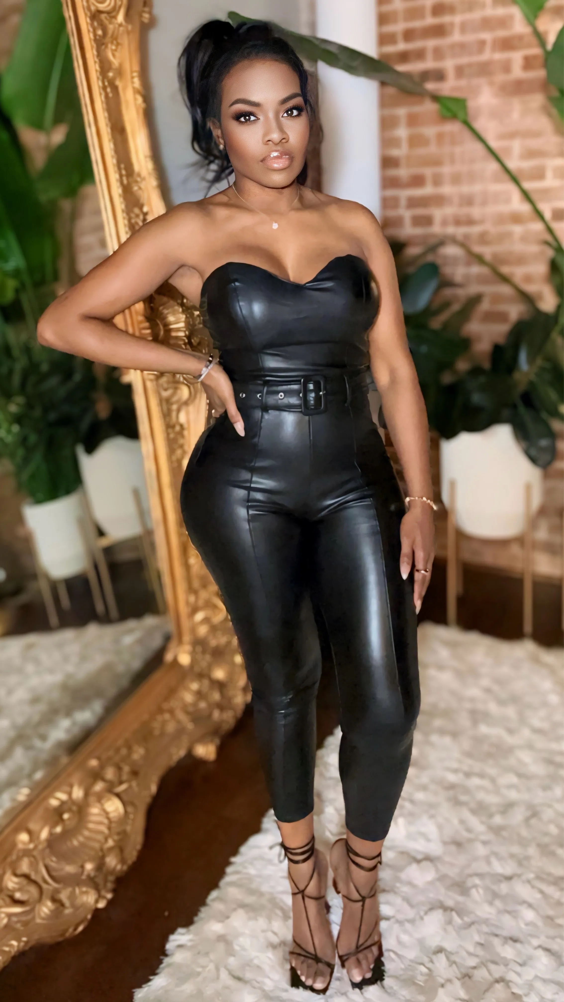 Sweetheart Vegan Leather Jumpsuit - Black