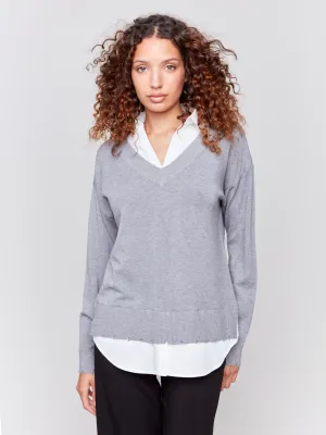 V-Neck Fooler Sweater With Shirt Collar - Grey - H-Grey