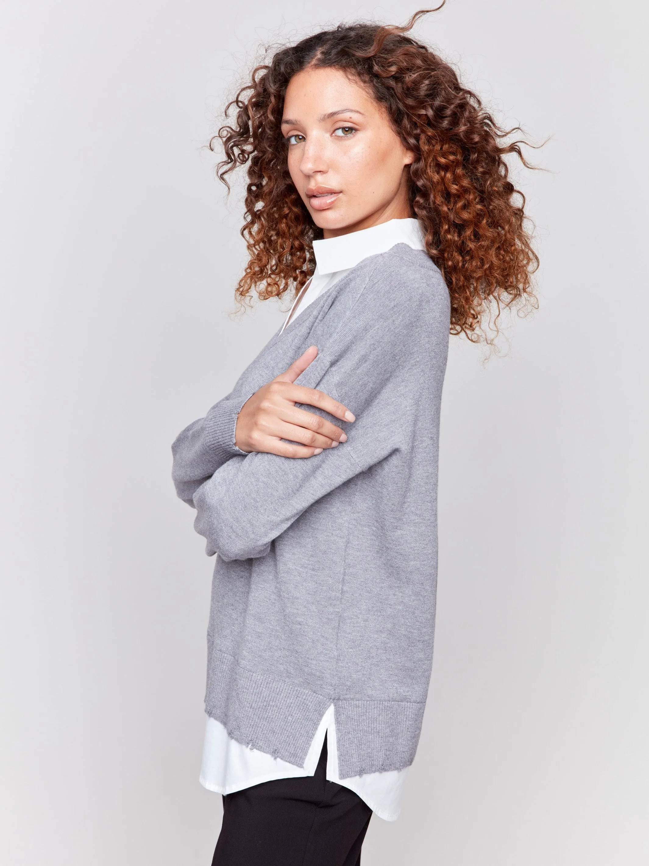 V-Neck Fooler Sweater With Shirt Collar - Grey - H-Grey