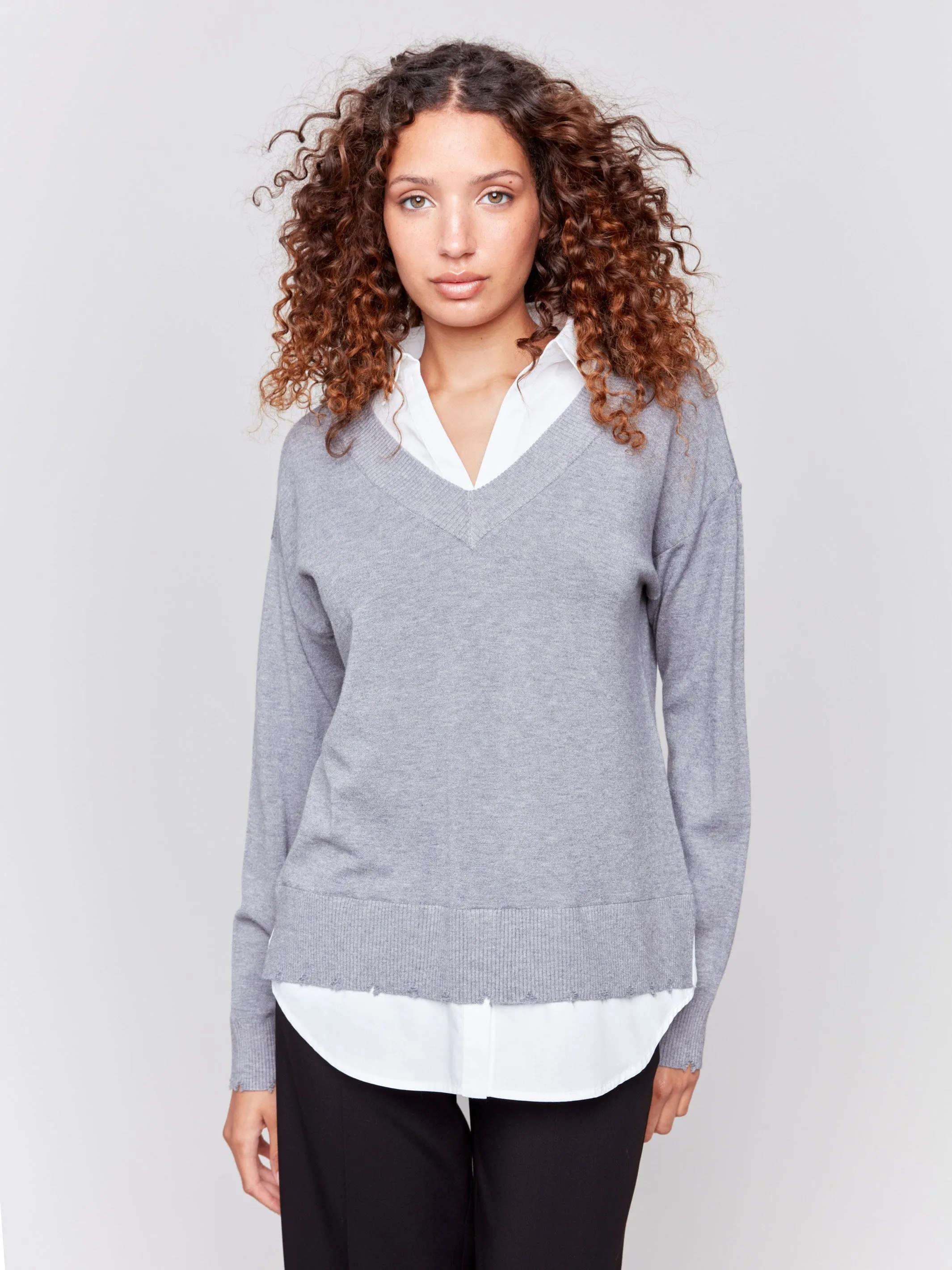V-Neck Fooler Sweater With Shirt Collar - Grey - H-Grey