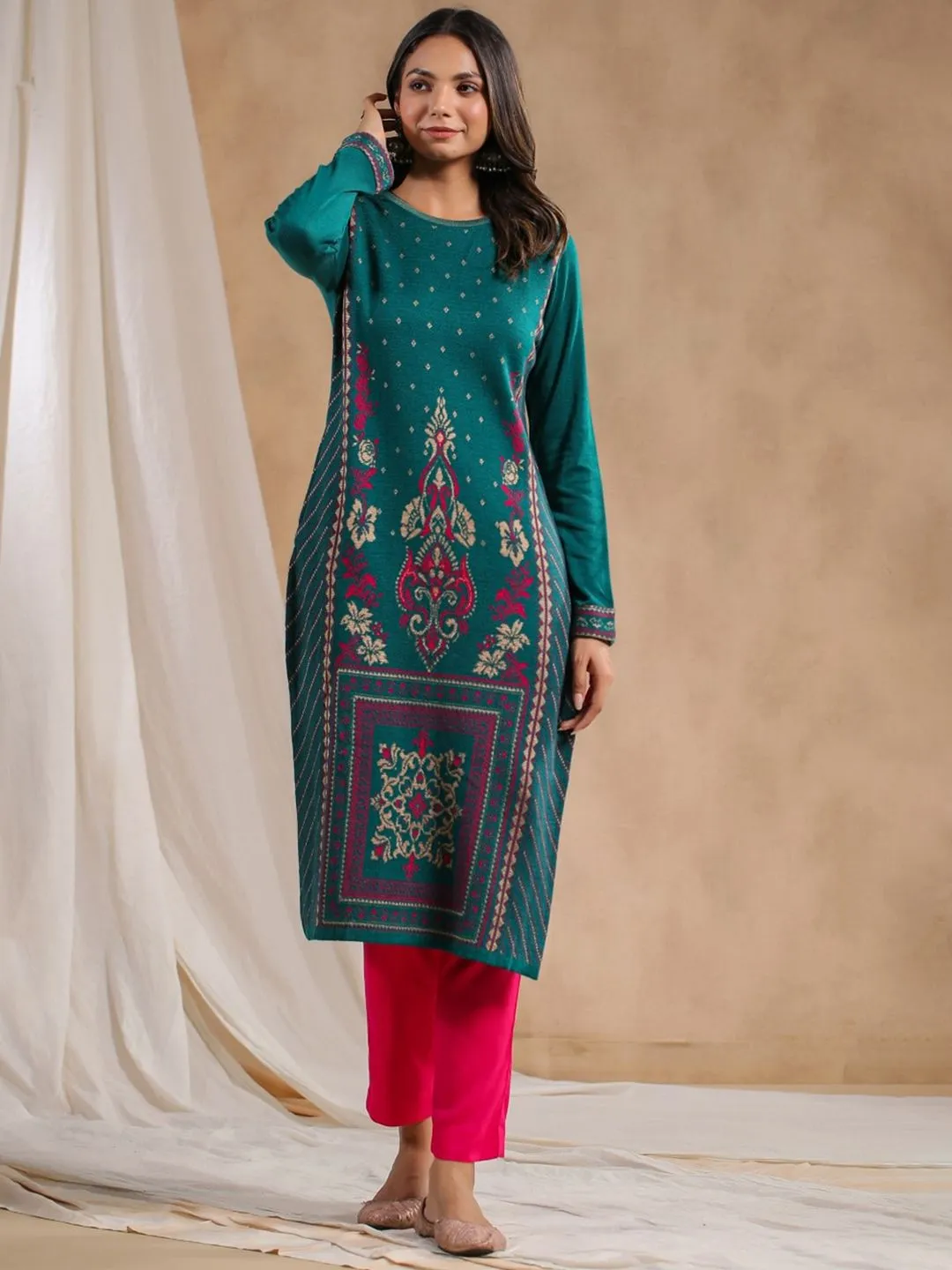 Warm Green Acrylic Ethnic Motif Printed Kurta Set with Jacquard Knitted Design and Straight Bottom