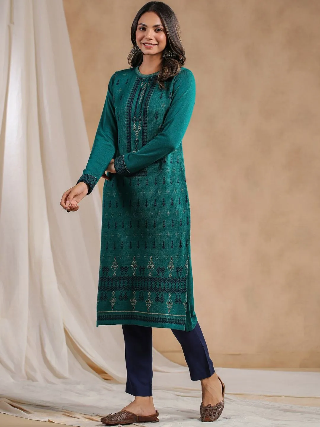Warm Green Acrylic Ethnic Motif Printed Kurta Set with Jacquard Knitted Design