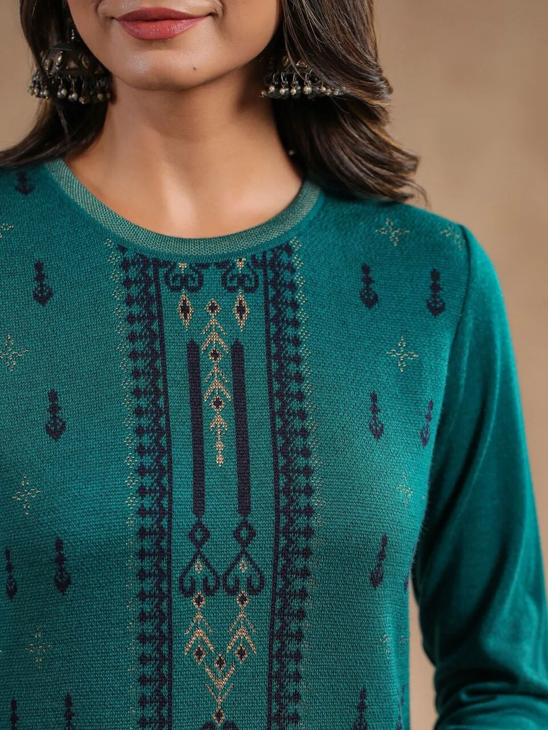Warm Green Acrylic Ethnic Motif Printed Kurta Set with Jacquard Knitted Design