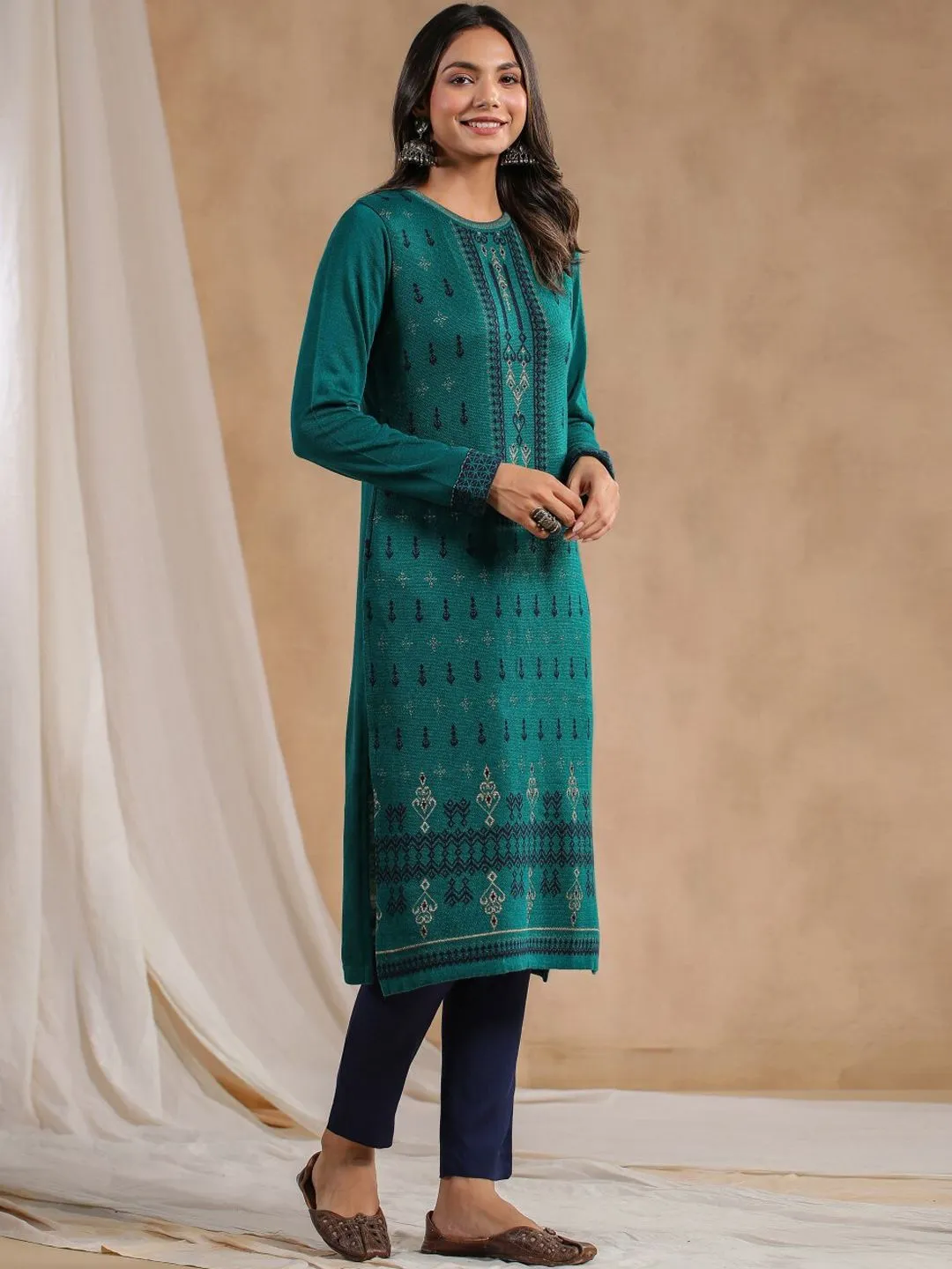 Warm Green Acrylic Ethnic Motif Printed Kurta Set with Jacquard Knitted Design