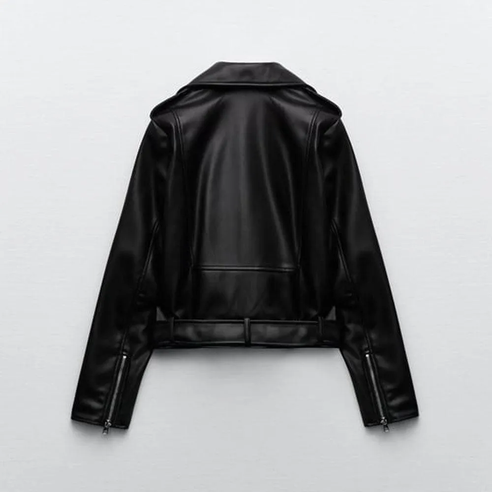 Women's Motorcycle Sheepskin Biker Leather Jacket In Black