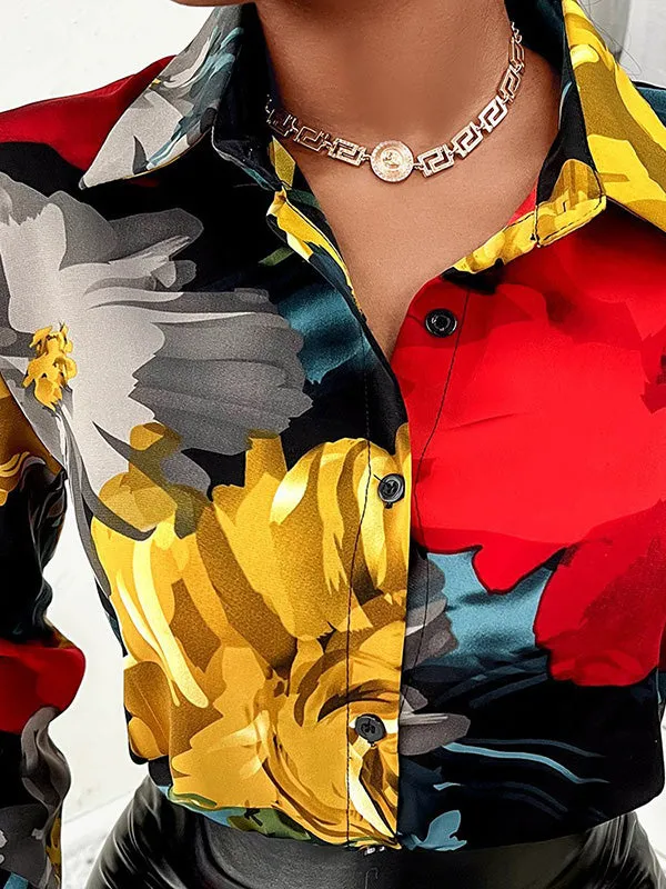 xakxx Trendy Tops Long Sleeves Loose Printed Lapel Collar Blouses&Shirts Tops