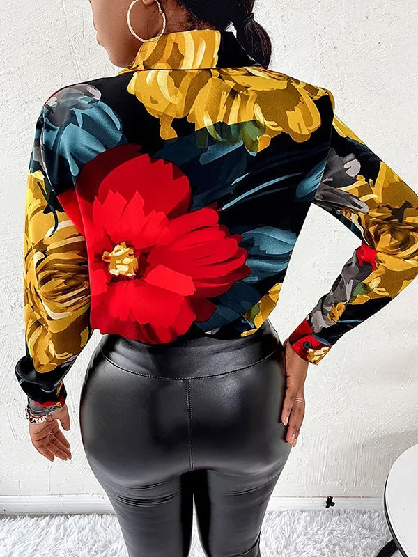 xakxx Trendy Tops Long Sleeves Loose Printed Lapel Collar Blouses&Shirts Tops