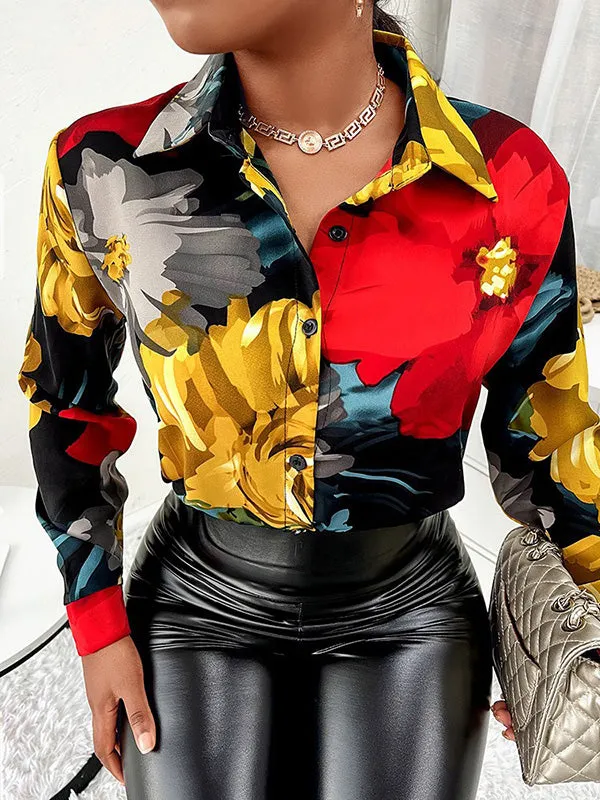 xakxx Trendy Tops Long Sleeves Loose Printed Lapel Collar Blouses&Shirts Tops