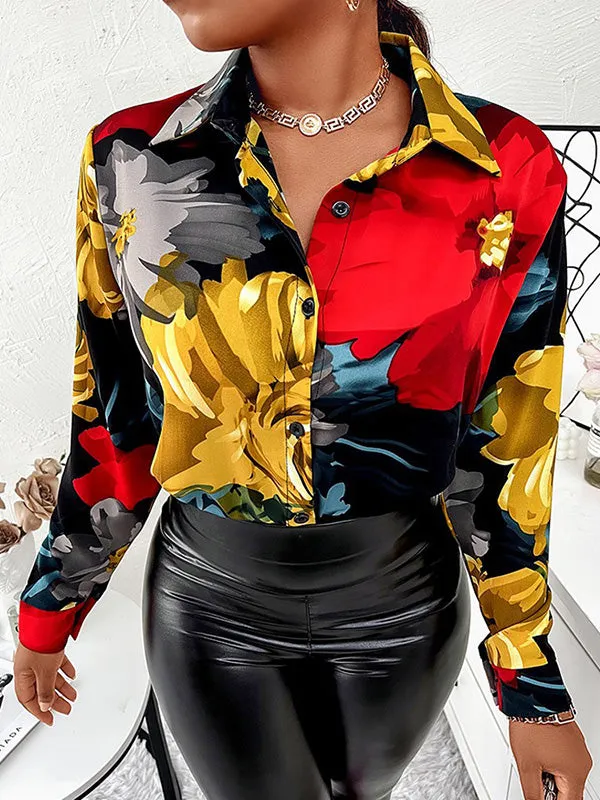 xakxx Trendy Tops Long Sleeves Loose Printed Lapel Collar Blouses&Shirts Tops