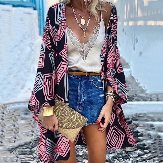 ZANZEA Classy Bohemian Floral Printed Flare Sleeve Kimono Style Cardigan