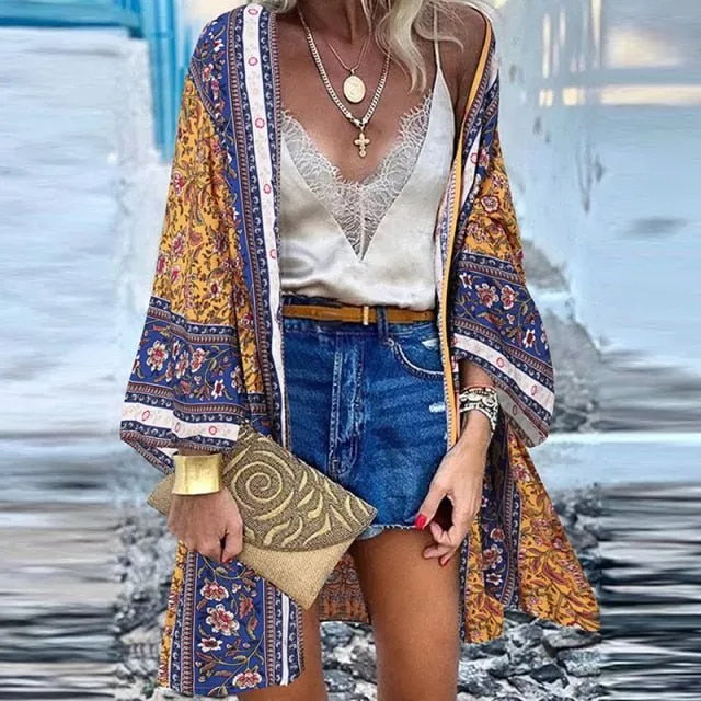 ZANZEA Classy Bohemian Floral Printed Flare Sleeve Kimono Style Cardigan