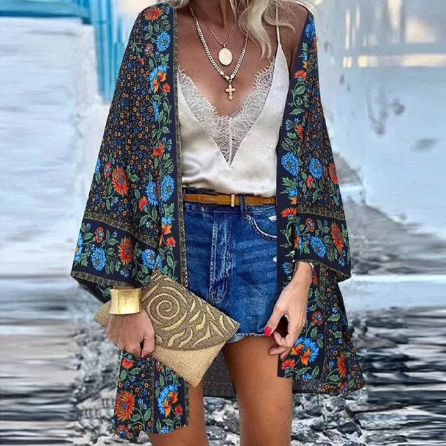 ZANZEA Classy Bohemian Floral Printed Flare Sleeve Kimono Style Cardigan