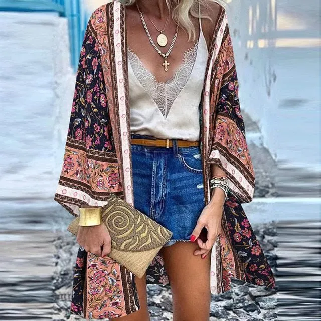 ZANZEA Classy Bohemian Floral Printed Flare Sleeve Kimono Style Cardigan
