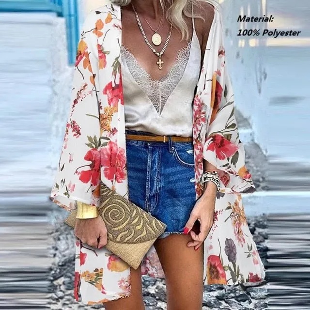 ZANZEA Classy Bohemian Floral Printed Flare Sleeve Kimono Style Cardigan