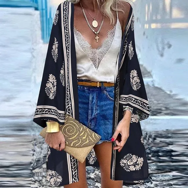 ZANZEA Classy Bohemian Floral Printed Flare Sleeve Kimono Style Cardigan