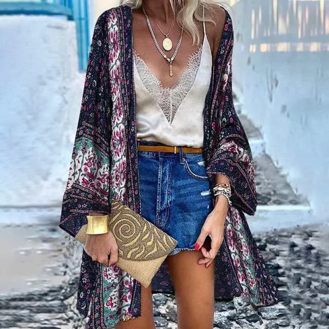 ZANZEA Classy Bohemian Floral Printed Flare Sleeve Kimono Style Cardigan