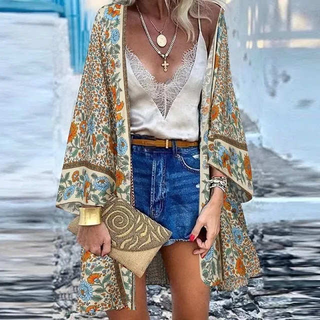 ZANZEA Classy Bohemian Floral Printed Flare Sleeve Kimono Style Cardigan