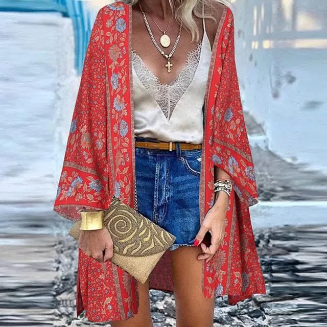 ZANZEA Classy Bohemian Floral Printed Flare Sleeve Kimono Style Cardigan