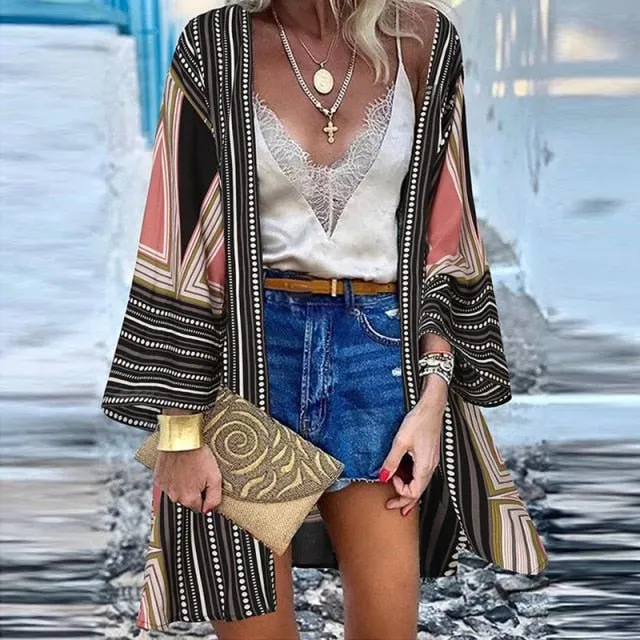 ZANZEA Classy Bohemian Floral Printed Flare Sleeve Kimono Style Cardigan