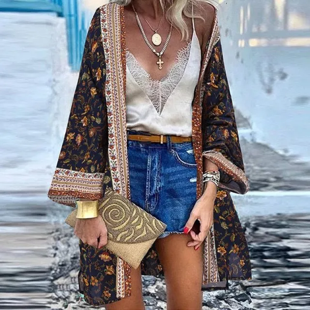 ZANZEA Classy Bohemian Floral Printed Flare Sleeve Kimono Style Cardigan