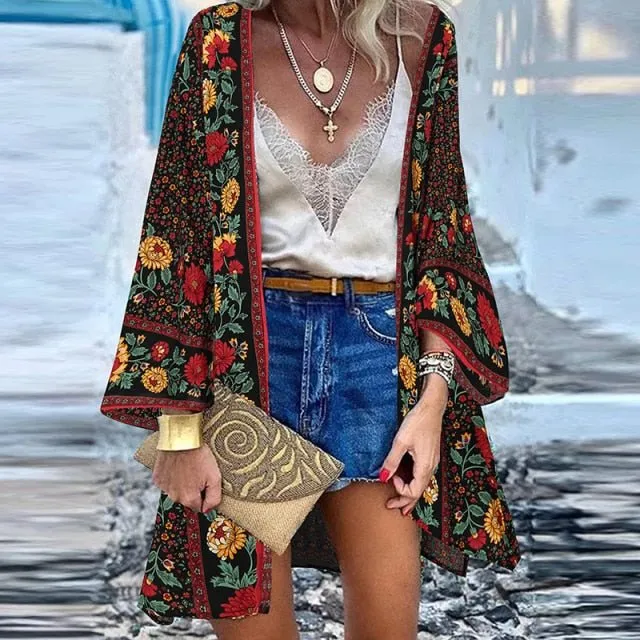ZANZEA Classy Bohemian Floral Printed Flare Sleeve Kimono Style Cardigan