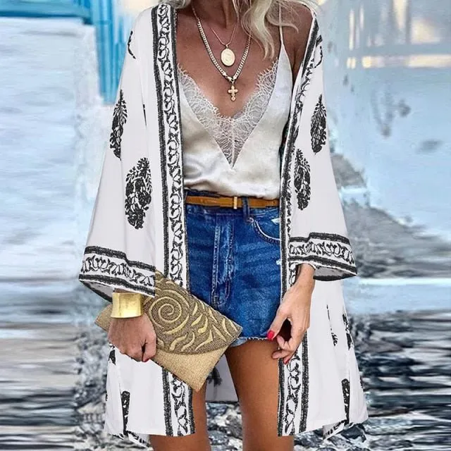 ZANZEA Classy Bohemian Floral Printed Flare Sleeve Kimono Style Cardigan