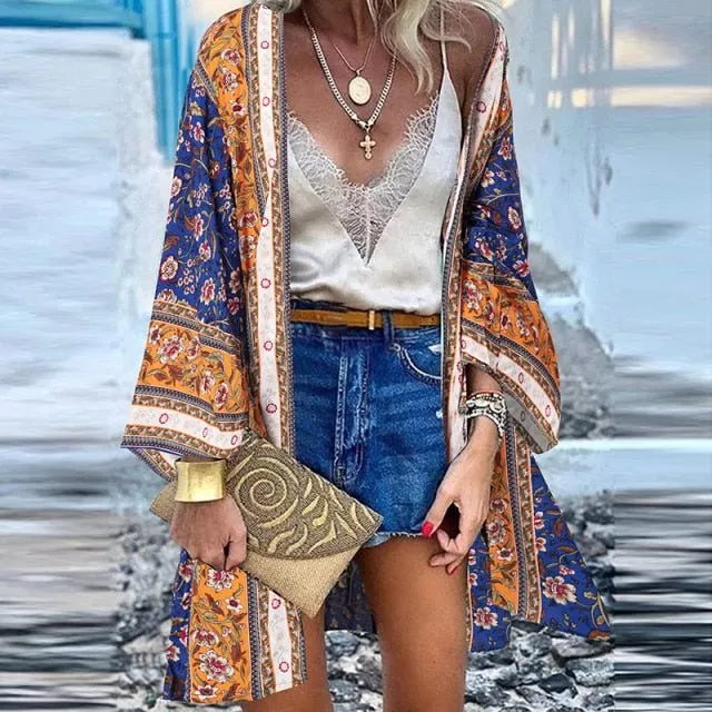 ZANZEA Classy Bohemian Floral Printed Flare Sleeve Kimono Style Cardigan