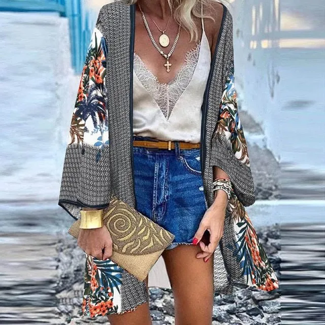ZANZEA Classy Bohemian Floral Printed Flare Sleeve Kimono Style Cardigan