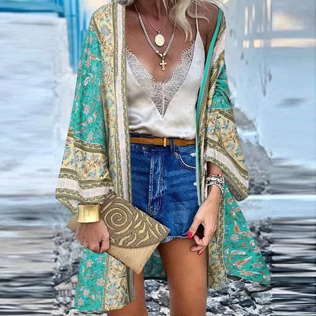 ZANZEA Classy Bohemian Floral Printed Flare Sleeve Kimono Style Cardigan