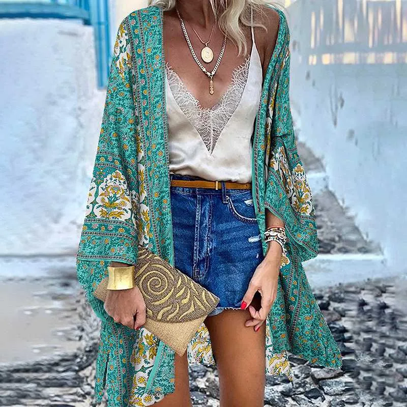 ZANZEA Classy Bohemian Floral Printed Flare Sleeve Kimono Style Cardigan