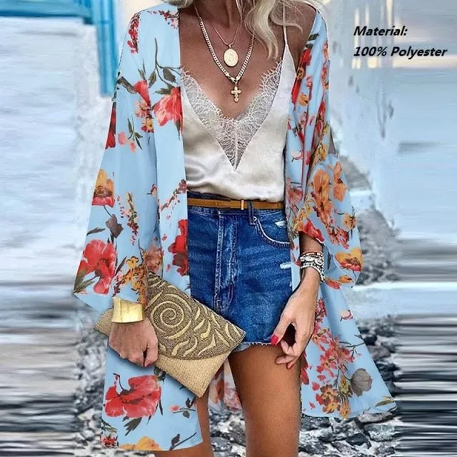 ZANZEA Classy Bohemian Floral Printed Flare Sleeve Kimono Style Cardigan