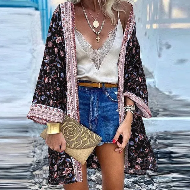 ZANZEA Classy Bohemian Floral Printed Flare Sleeve Kimono Style Cardigan