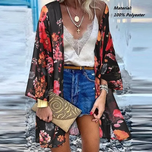ZANZEA Classy Bohemian Floral Printed Flare Sleeve Kimono Style Cardigan