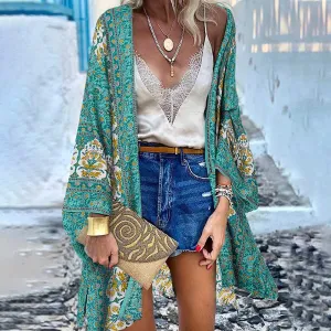 ZANZEA Classy Bohemian Floral Printed Flare Sleeve Kimono Style Cardigan